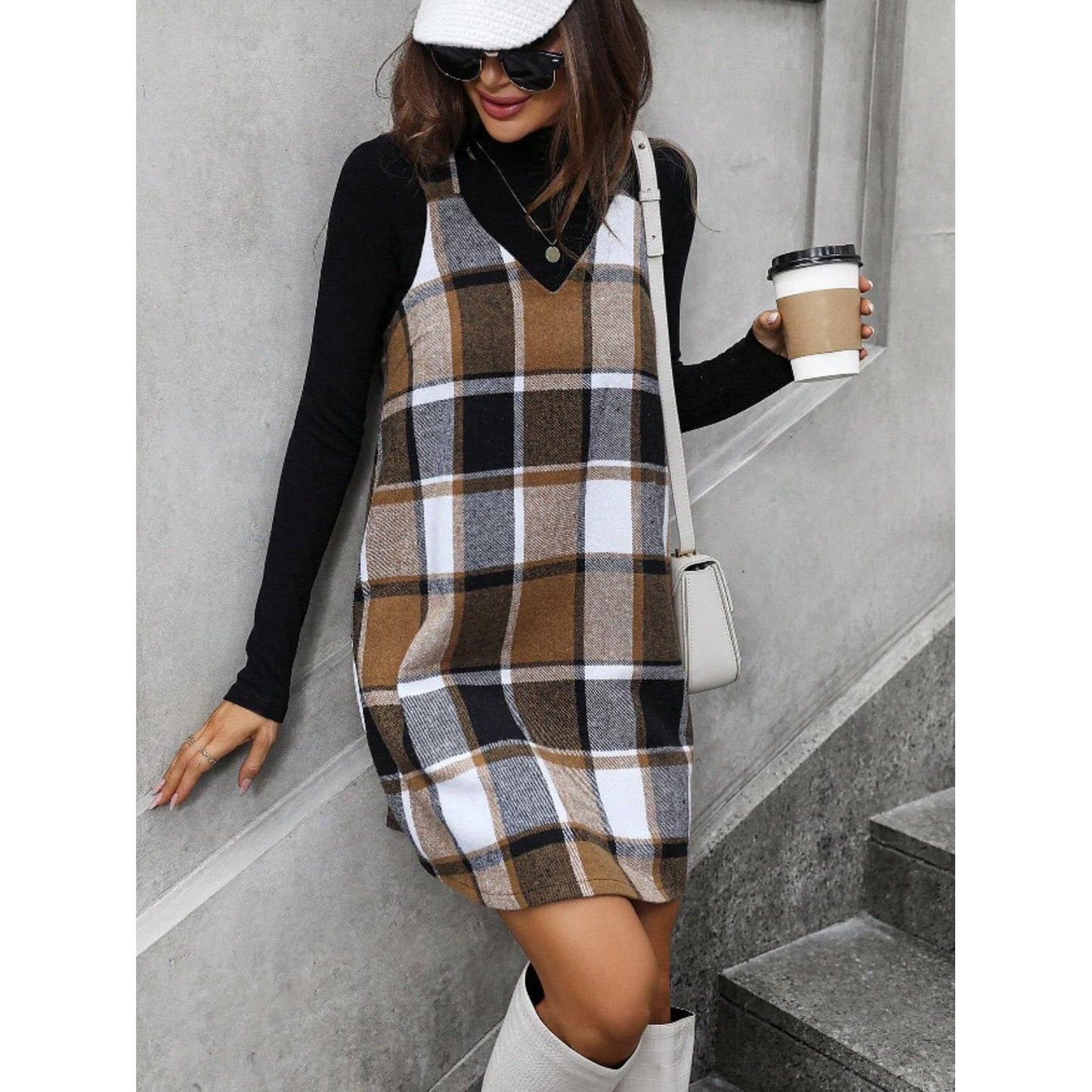 Plaid V-Neck Wide Strap Dress