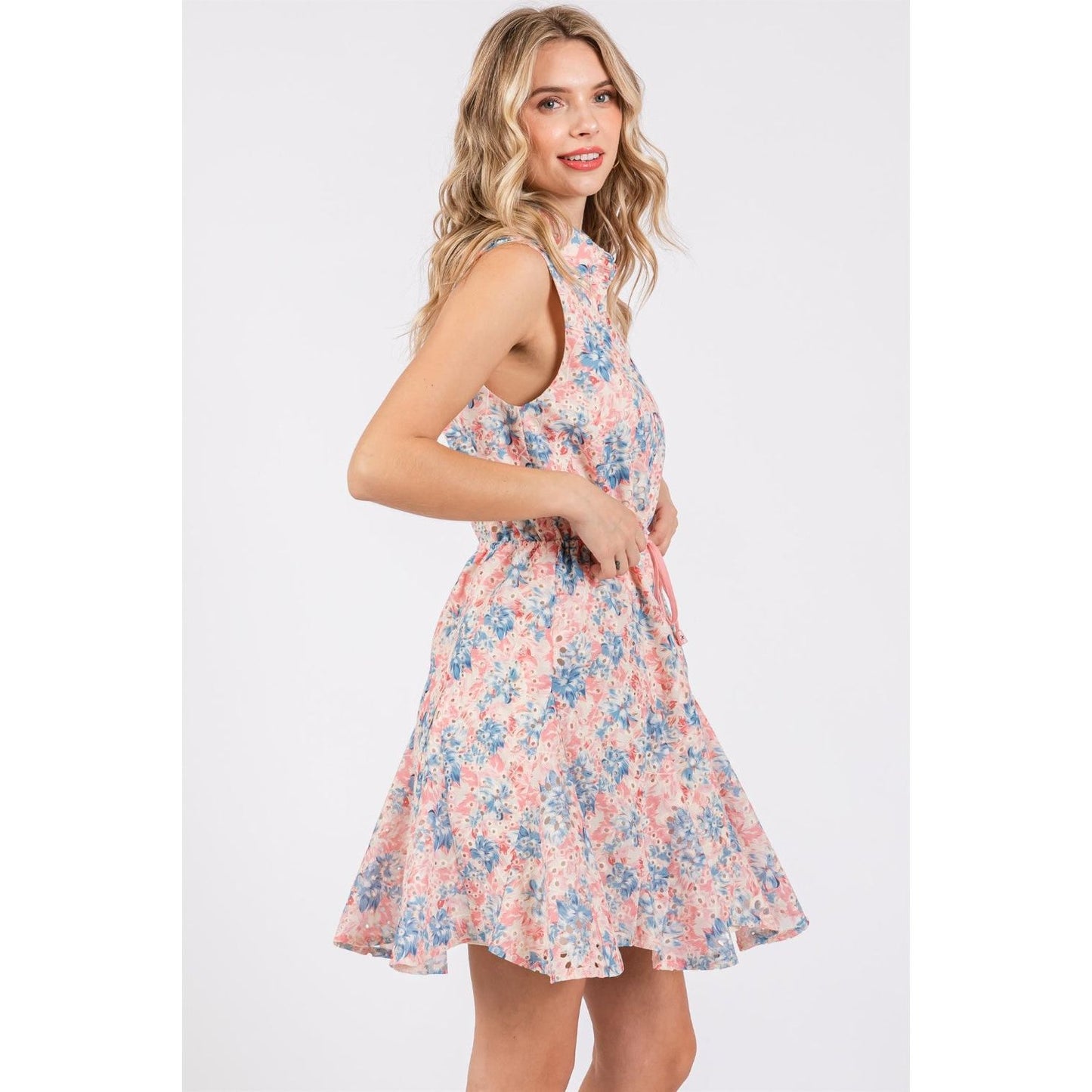 GeeGee Full Size Floral Eyelet Sleeveless Mini Dress