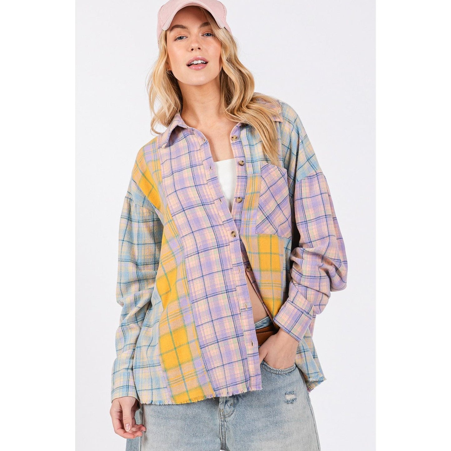 SAGE + FIG Button Up Raw Hem  Plaid Flannel Shirt