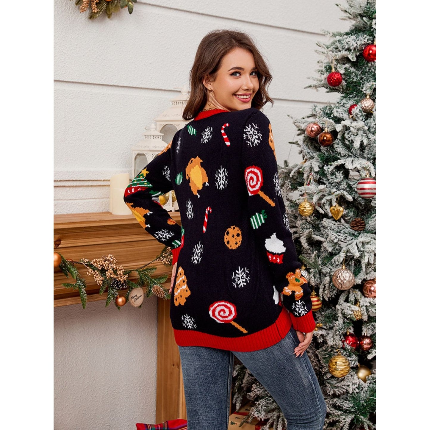 Christmas Element Round Neck Long Sleeve Sweater