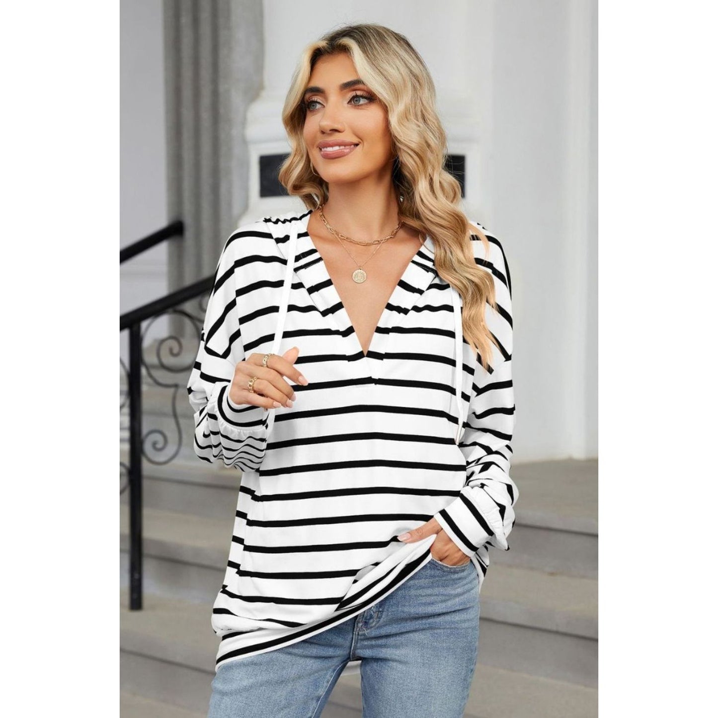 Drawstring Striped Long Sleeve Hoodie