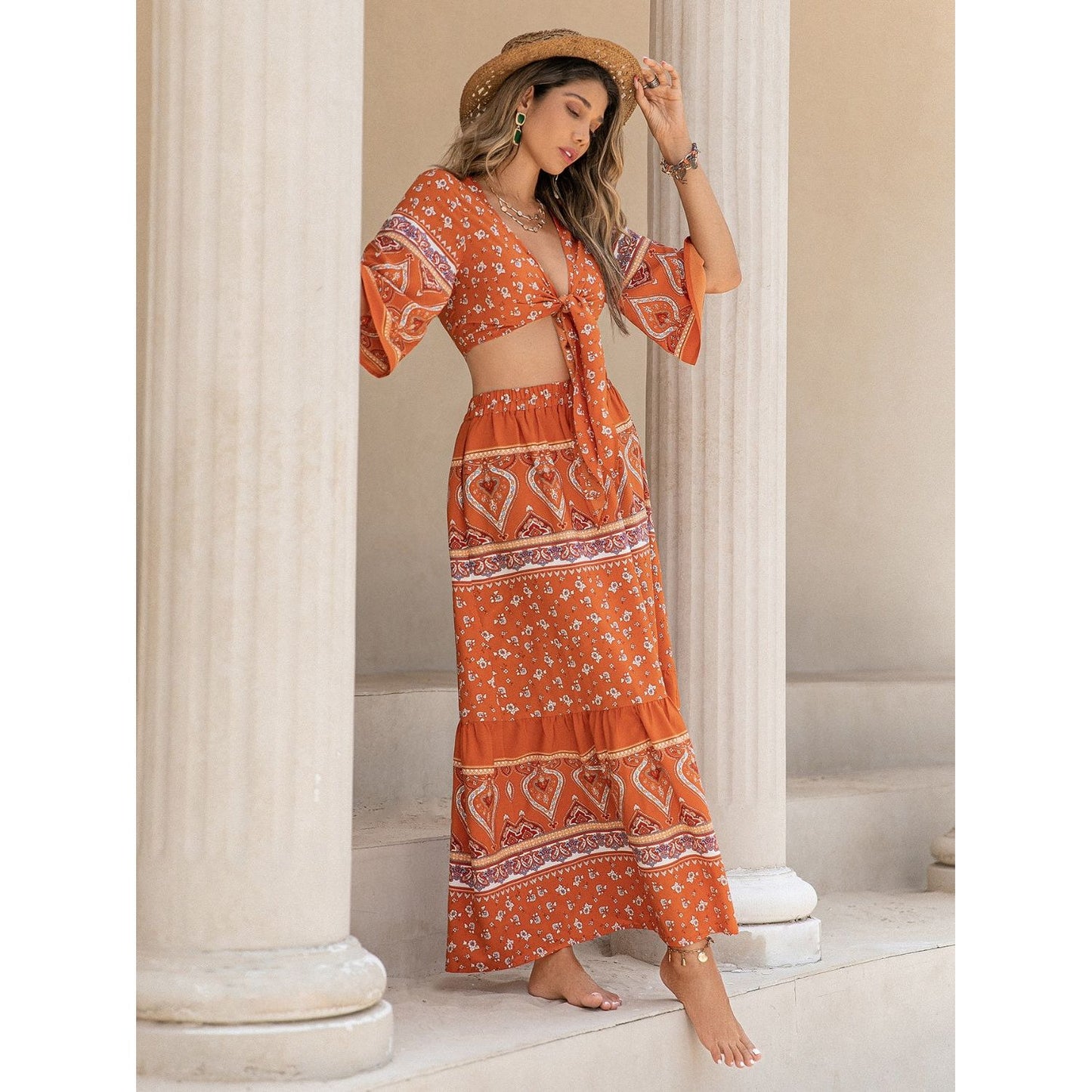 Printed Plunge Half Sleeve Top and Skirt Set