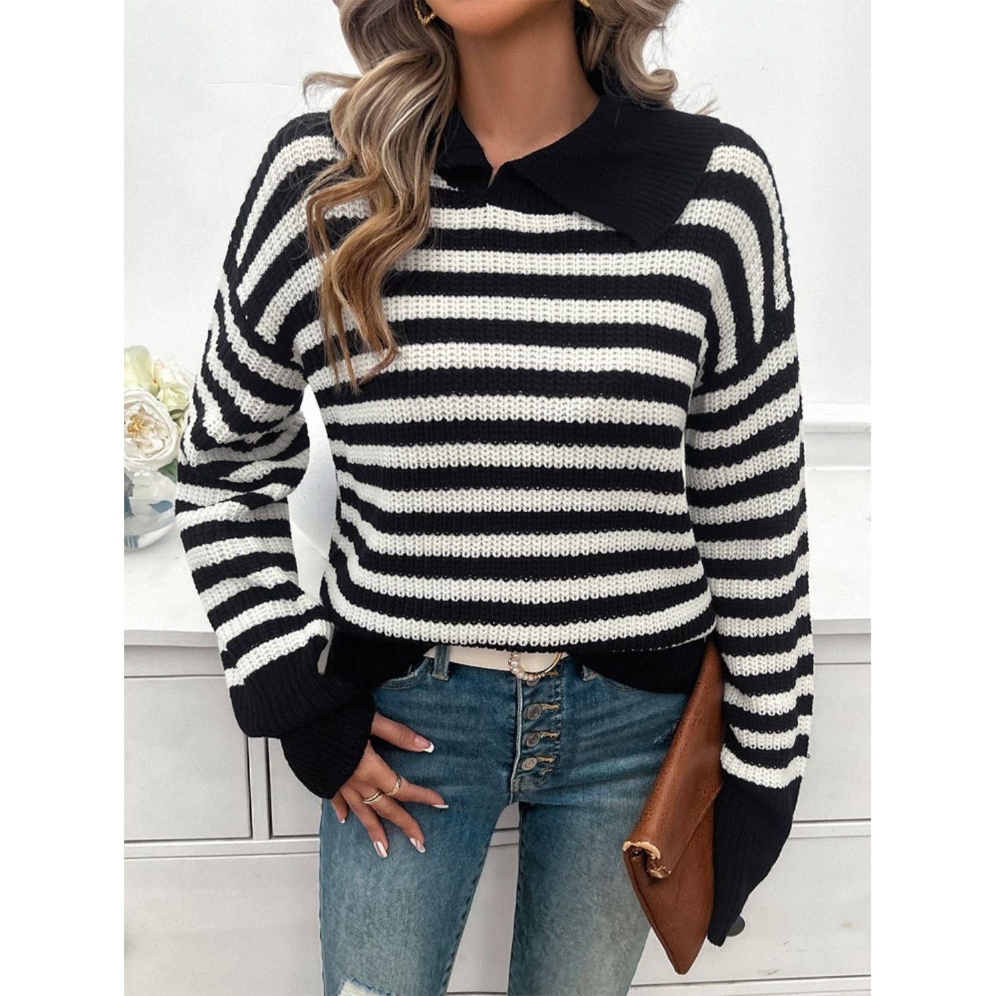 Devine Striped Collared Neck Long Sleeve Sweater