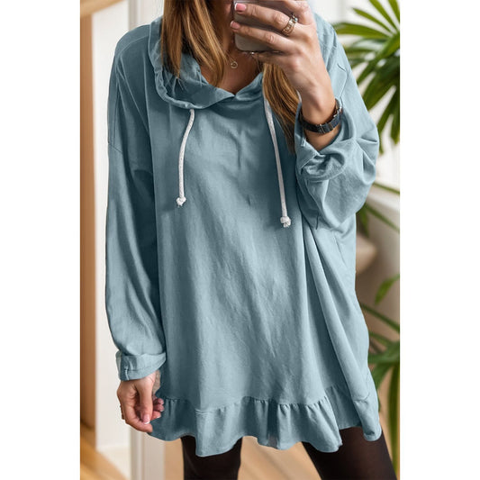 Drawstring Ruffled Dropped Shoulder Long Sleeve Hoodie