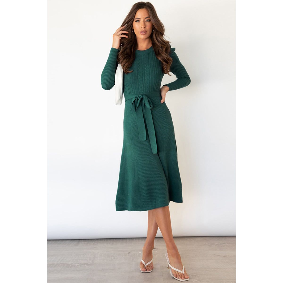 Round Neck Long Sleeve Tie Waist Sweater Dress