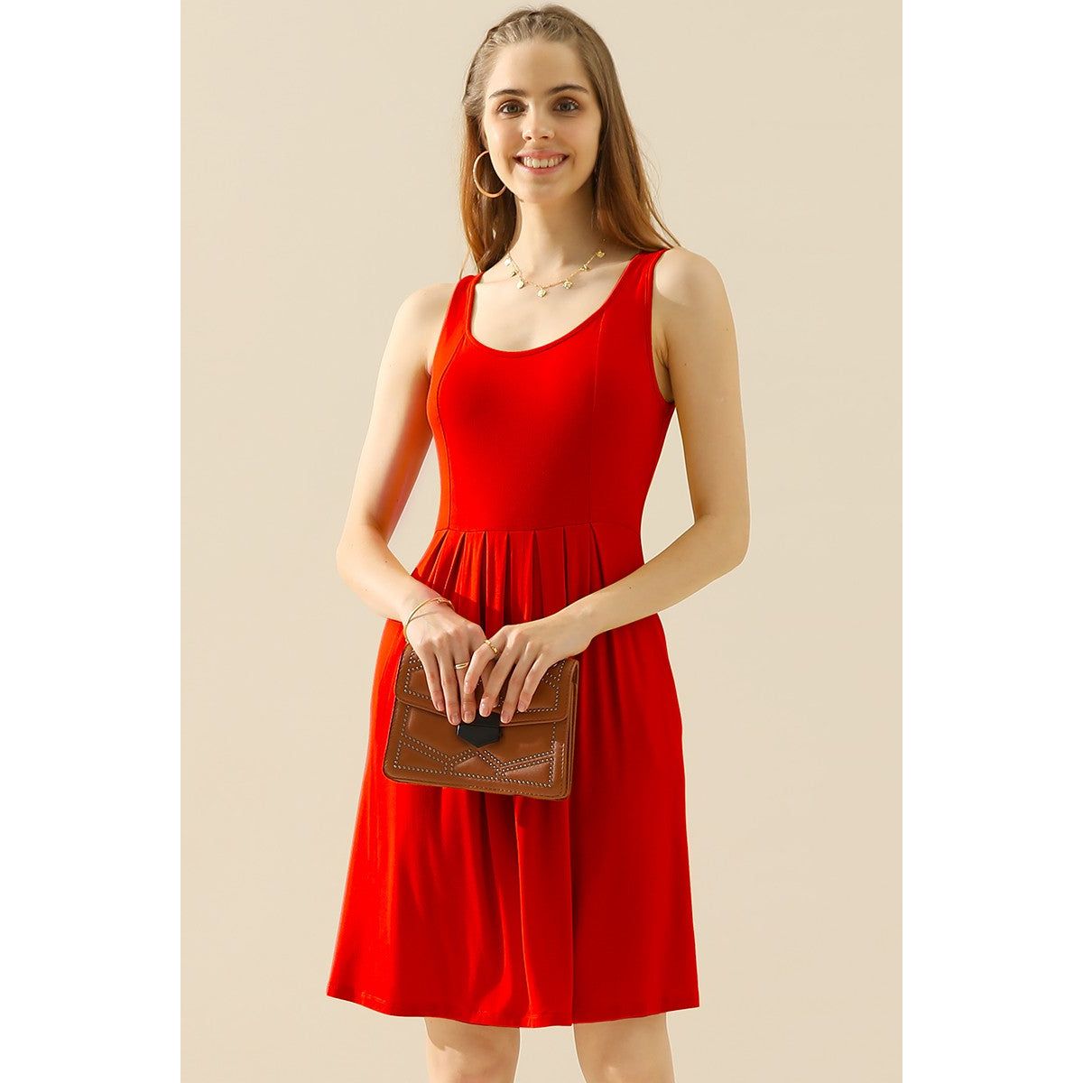 Doublju Full Size Round Neck Ruched Sleeveless Dress with Pockets