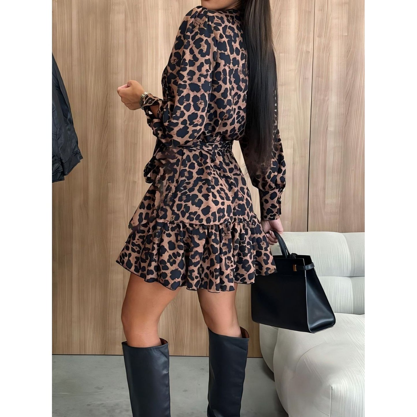 Tied Leopard Surplice Long Sleeve Dress