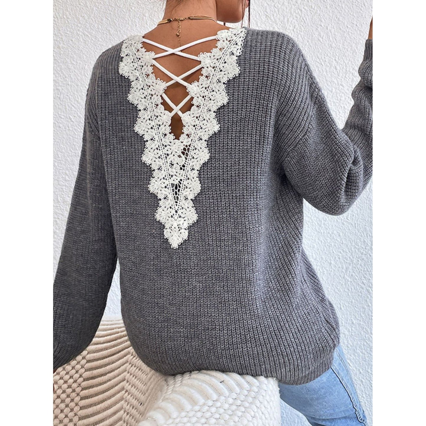 Crisscross V-Neck Long Sleeve Sweater