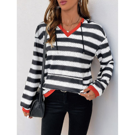 Perfee Contrast Striped Long Sleeve Hoodie