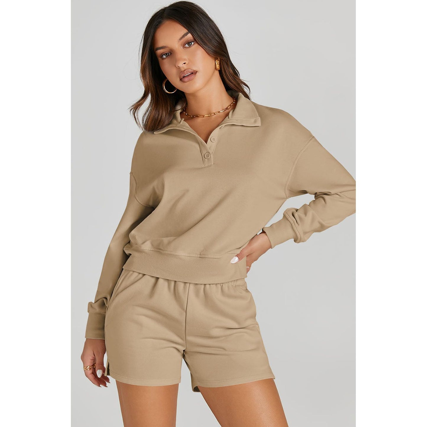 Half Button Sweatshirt and Shorts Active Set