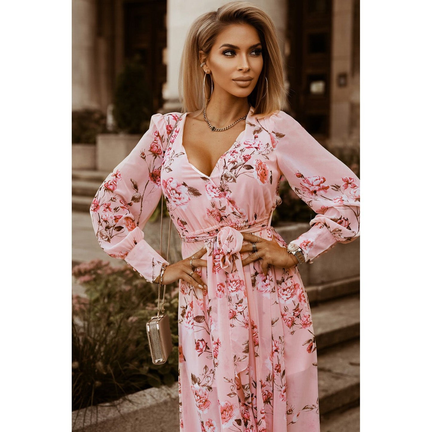 Floral Tie Belt Bishop Sleeve Slit Maxi Dress