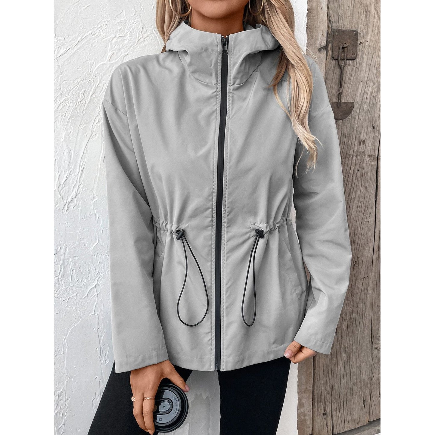 Drawstring Zip Up Hooded Jacket