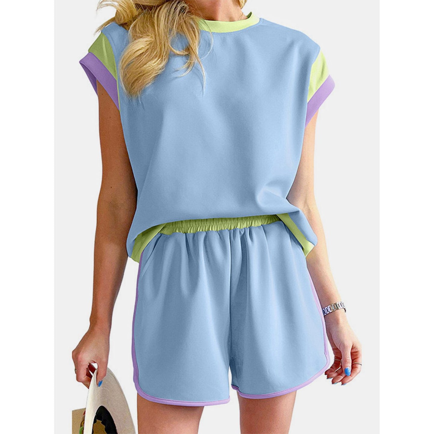 Contrast Round Neck Top and Shorts Set