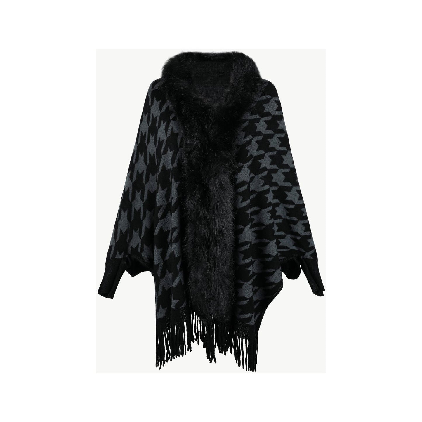 Houndstooth Fringe Hem Poncho