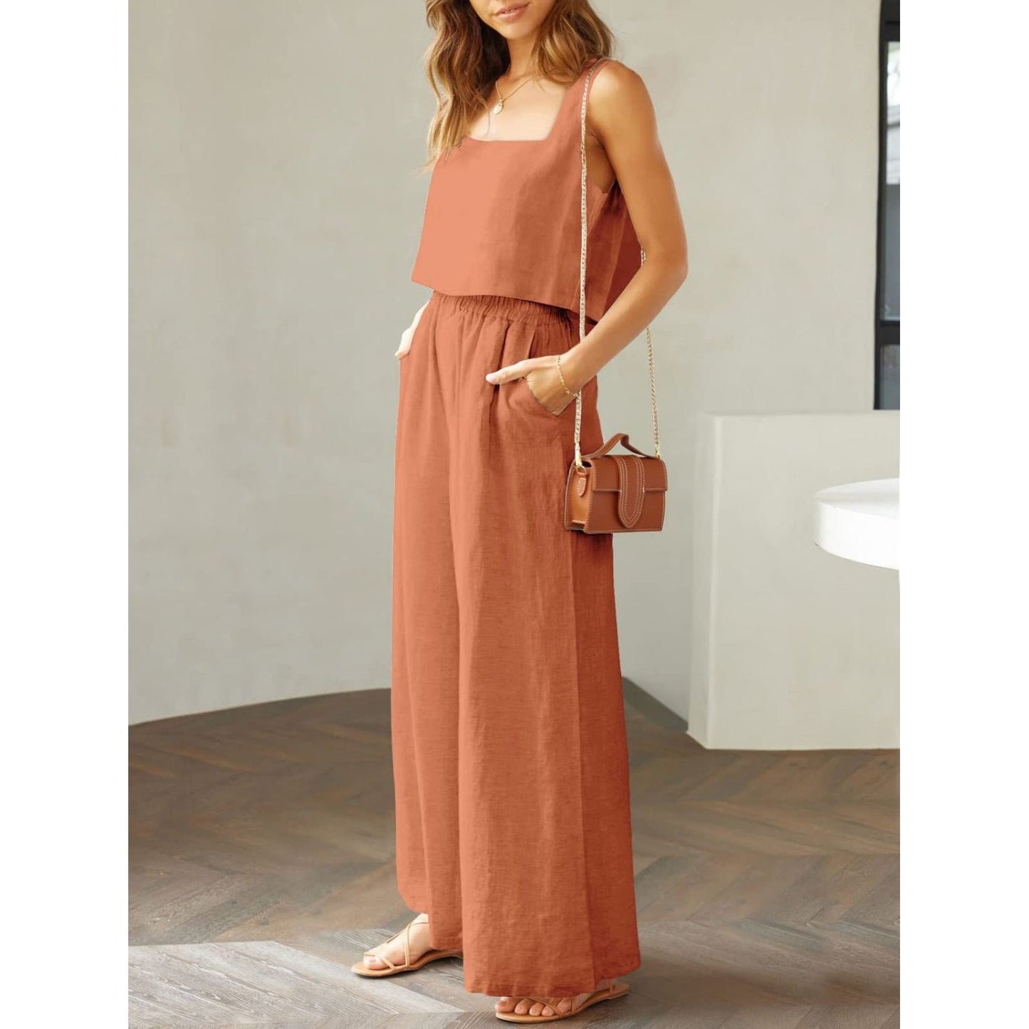 Square Neck Top and Wide Leg Pants Set