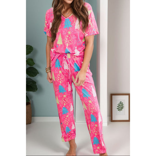 Printed V-Neck Short Sleeve Top and Pants Lounge Set