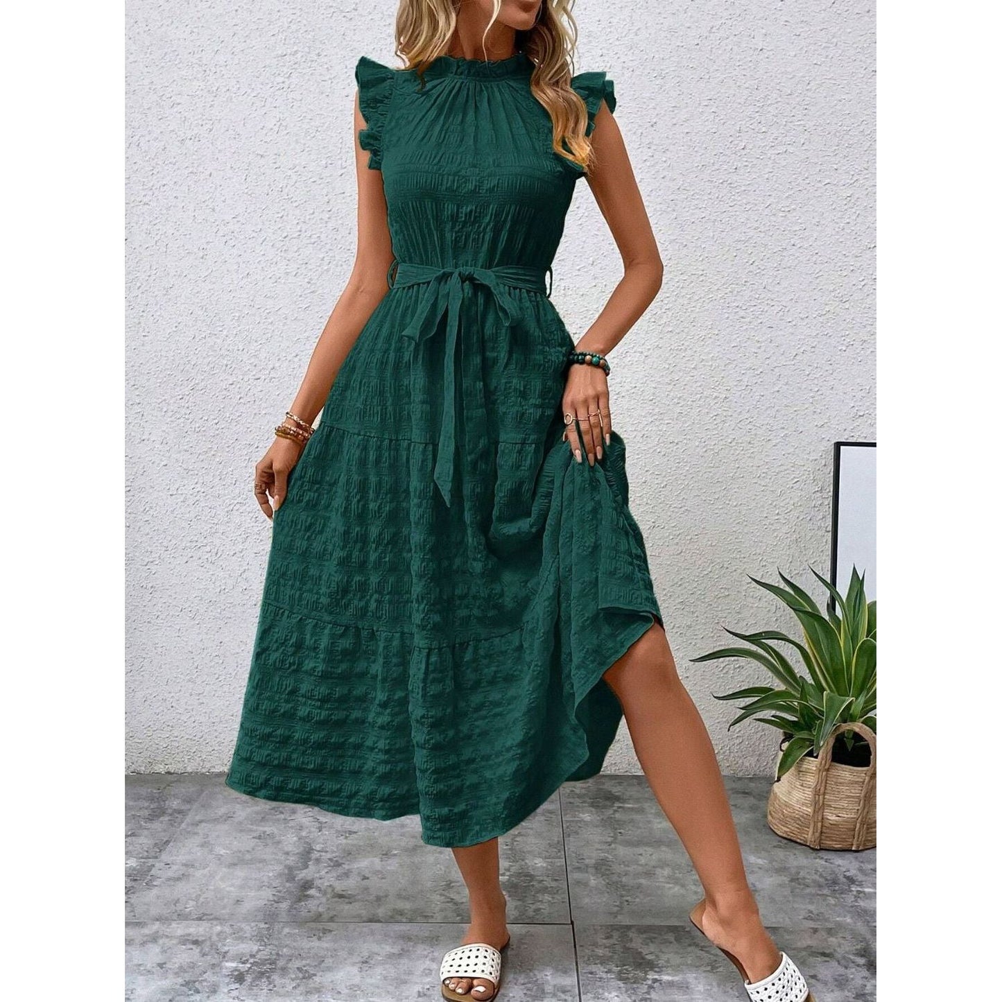 Tied Ruffled Cap Sleeve Midi Dress