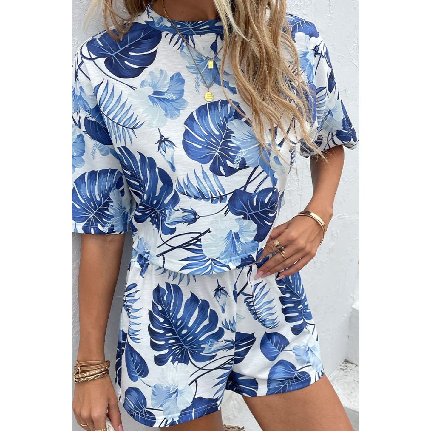 Shiny Printed Half Sleeve Top and Shorts Lounge Set