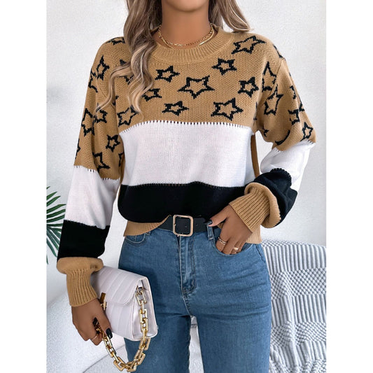 Star Contrast Round Neck Sweater