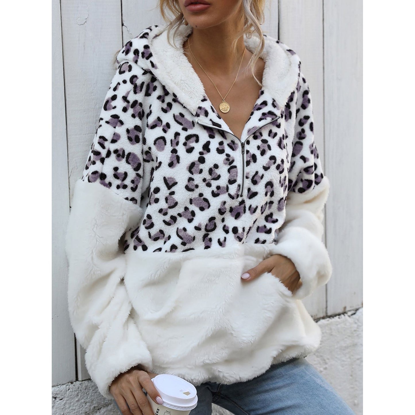 Shiny Leopard Half-Zip Dropped Shoulder Hoodie