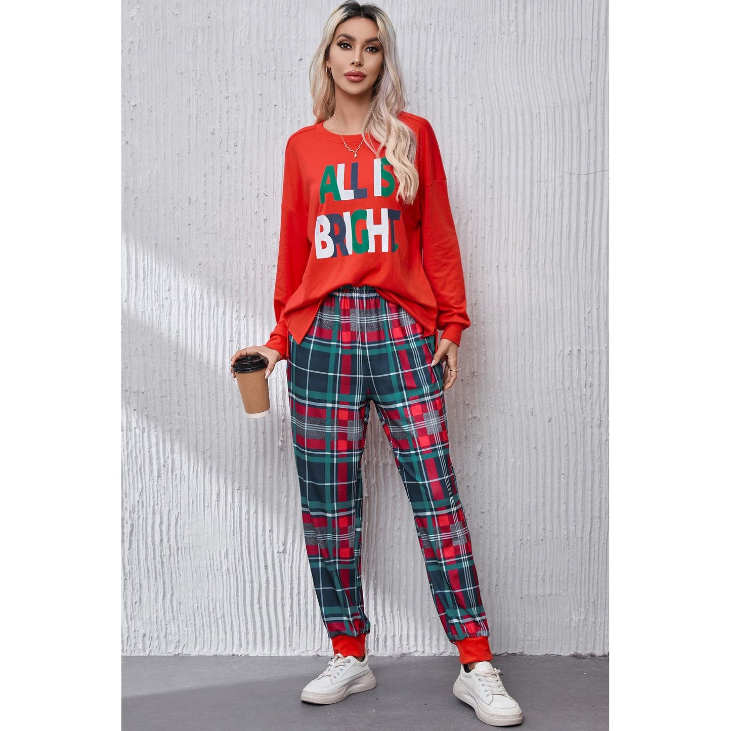 ALL IS BRIGHT Round Neck Top and Plaid Pants Lounge Set