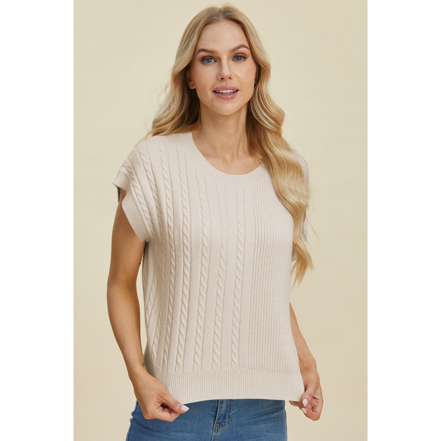 Double Take Full Size Cable-Knit Round Neck Short Sleeve Sweater