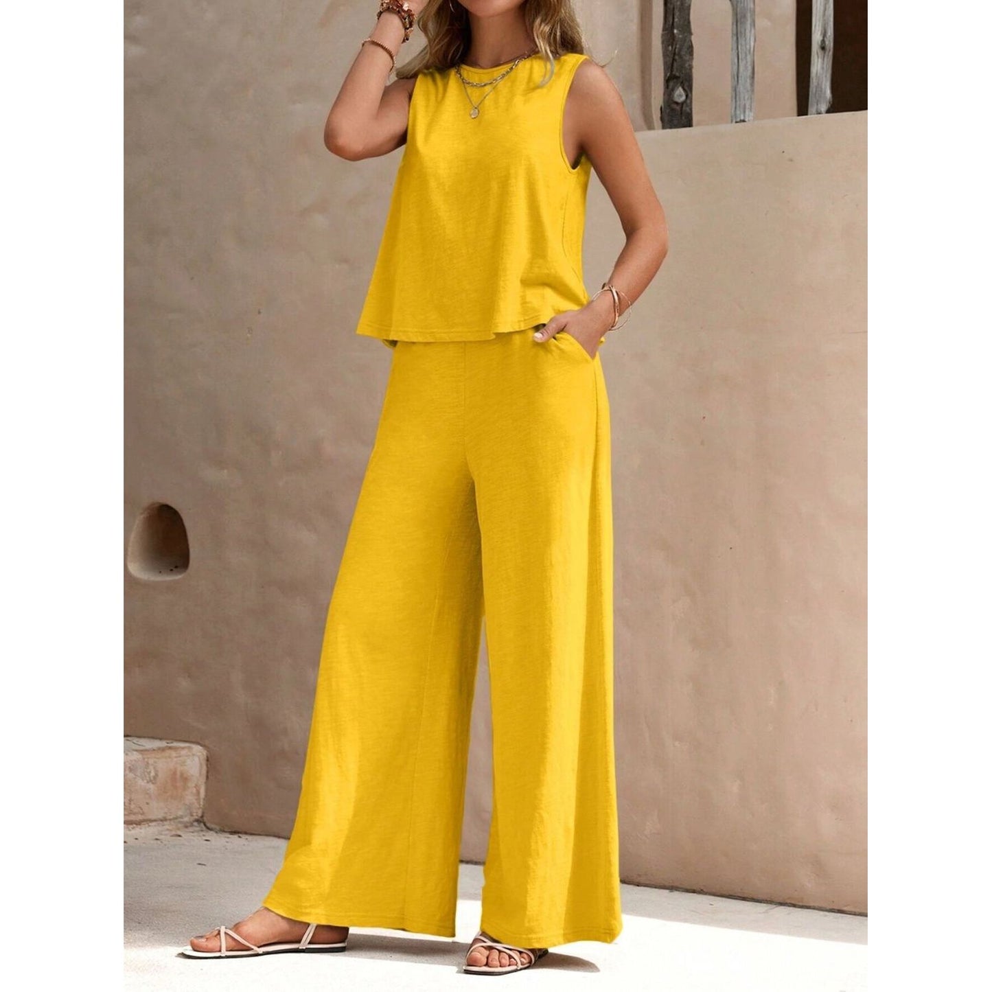 Round Neck Sleeveless Top and Wide Leg Pants Set