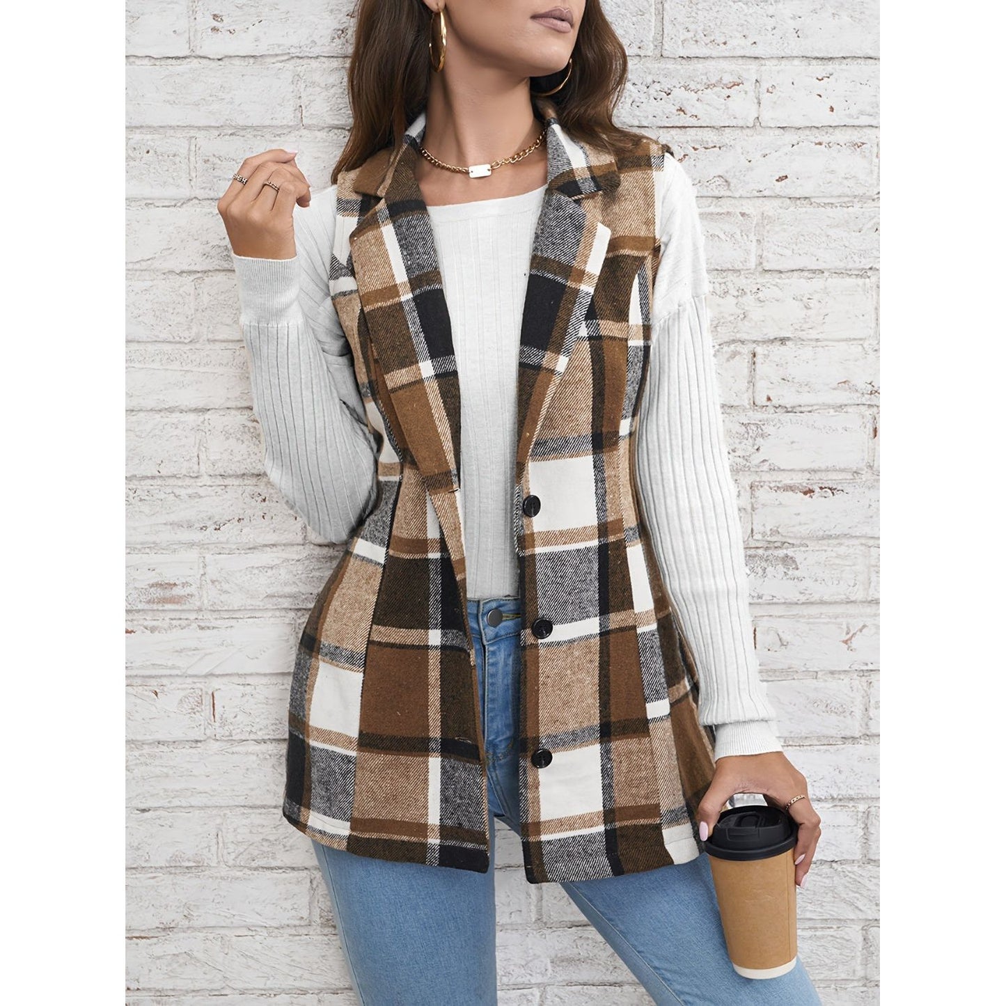 Plaid Button Down Vest Coat