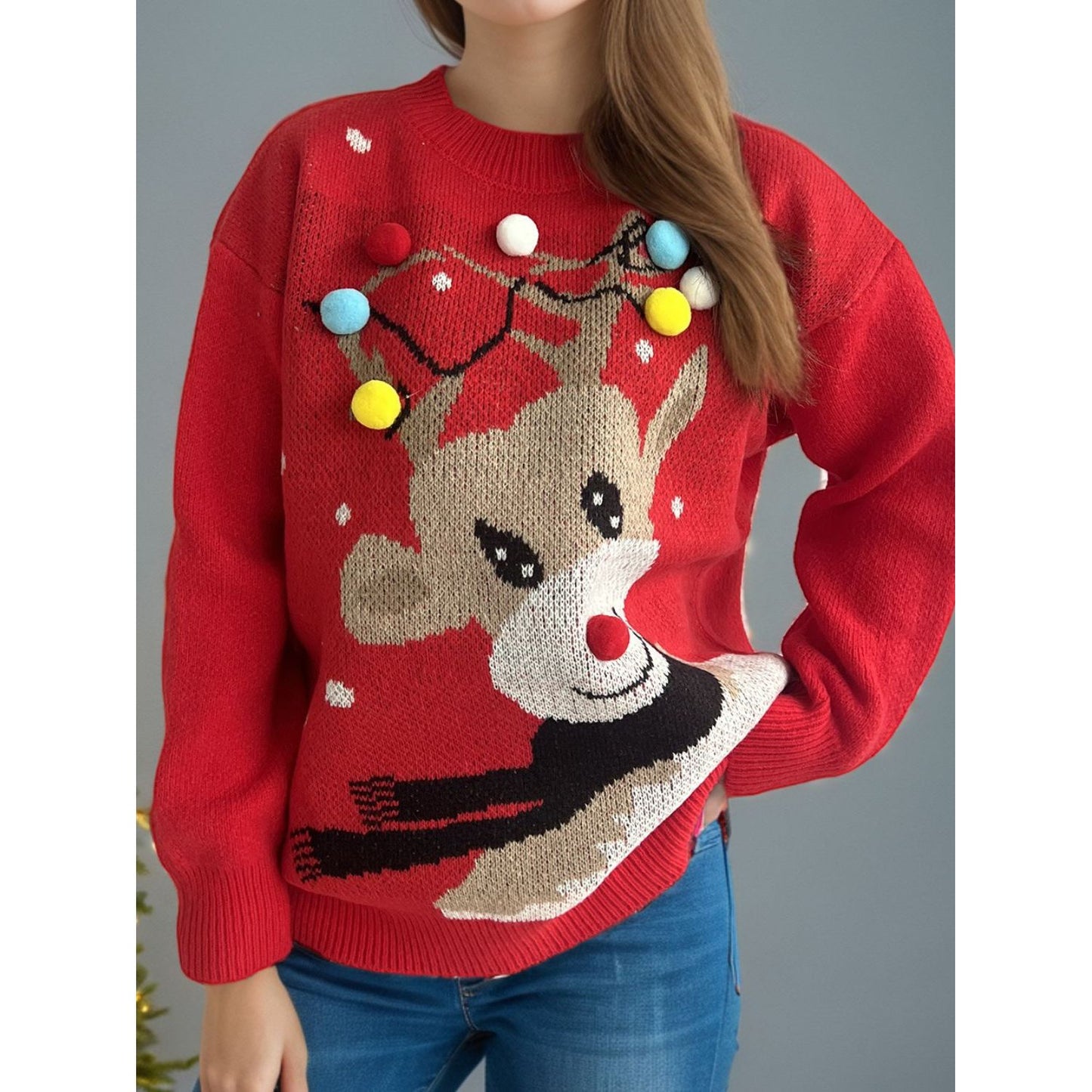 Reindeer Round Neck Long Sleeve Sweater