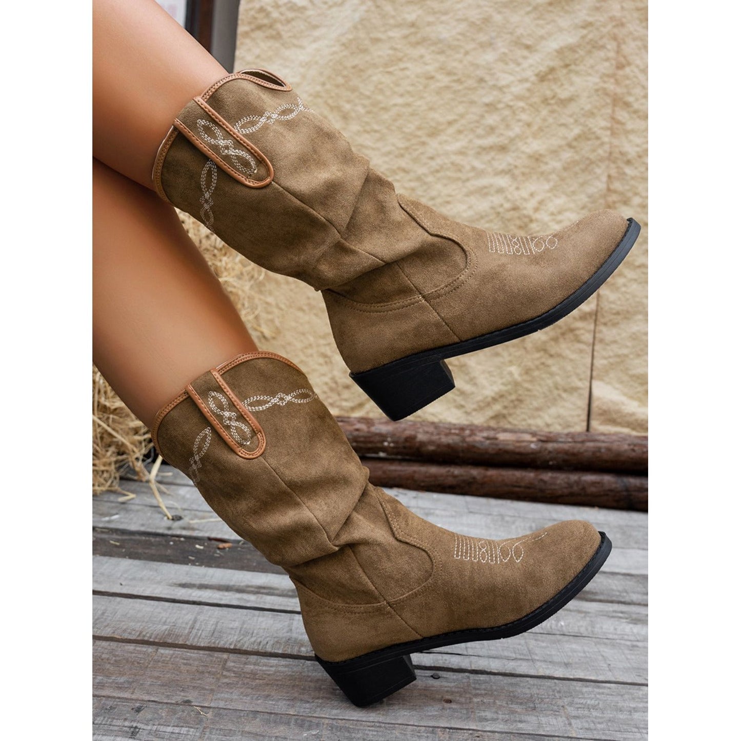 Embroidered Point Toe Block Heel Boots