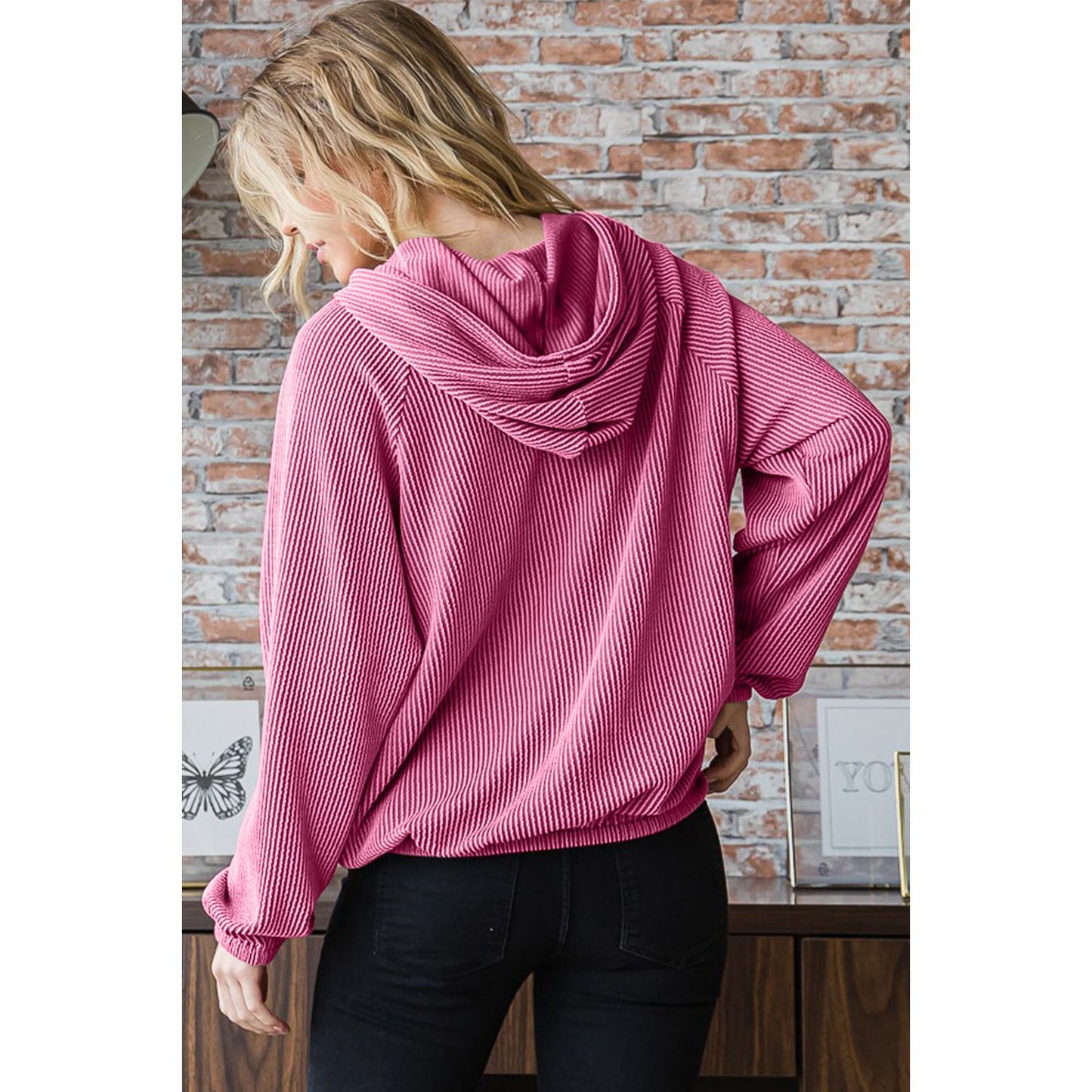 Heimish Ribbed Long Sleeve Hoodie with Kangaroo Pocket