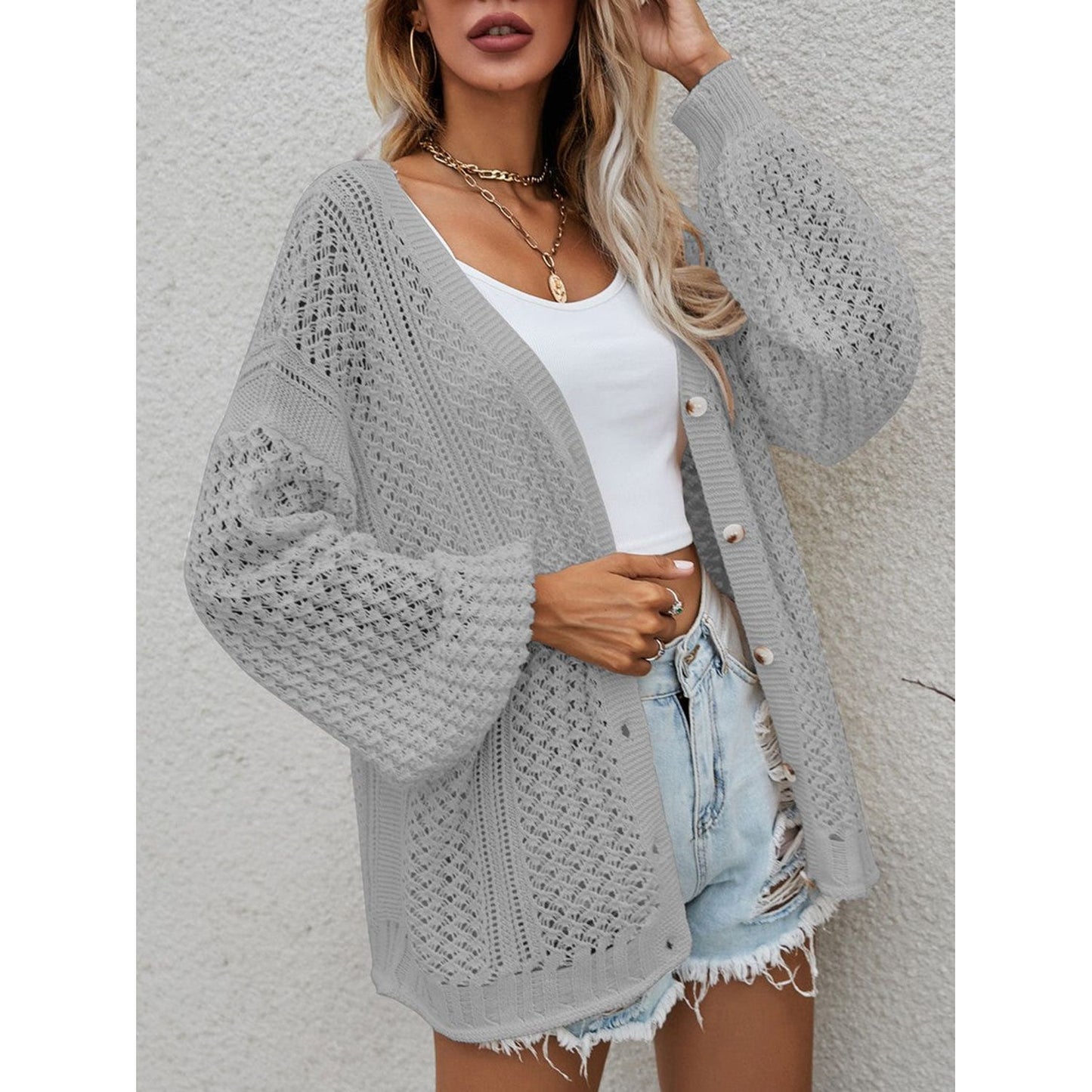 Openwork Button Front Cardigan