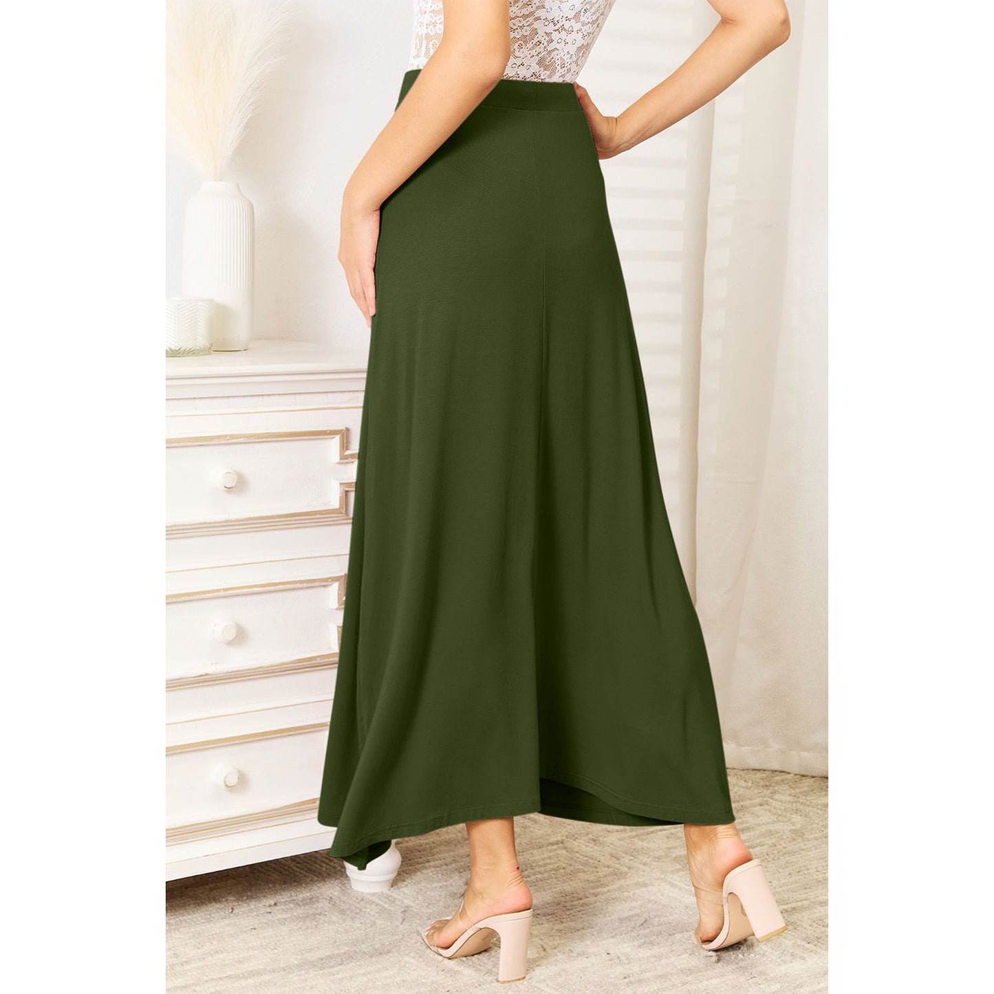 Double Take Full Size Soft Rayon Drawstring Waist Maxi Skirt