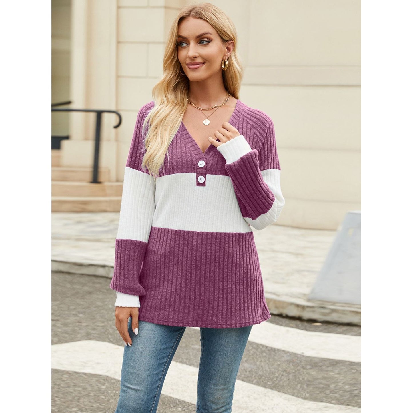 Color Block V-Neck Long Sleeve T-Shirt