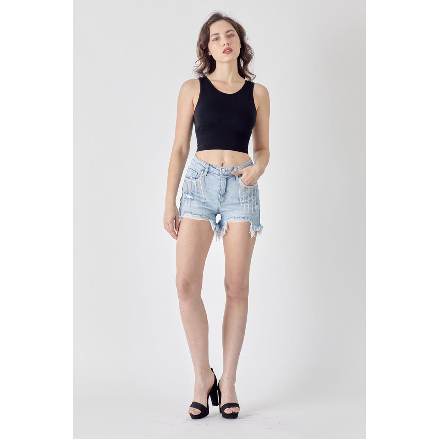 RISEN Frayed Hem Denim Shorts with Fringe Detail Pockets