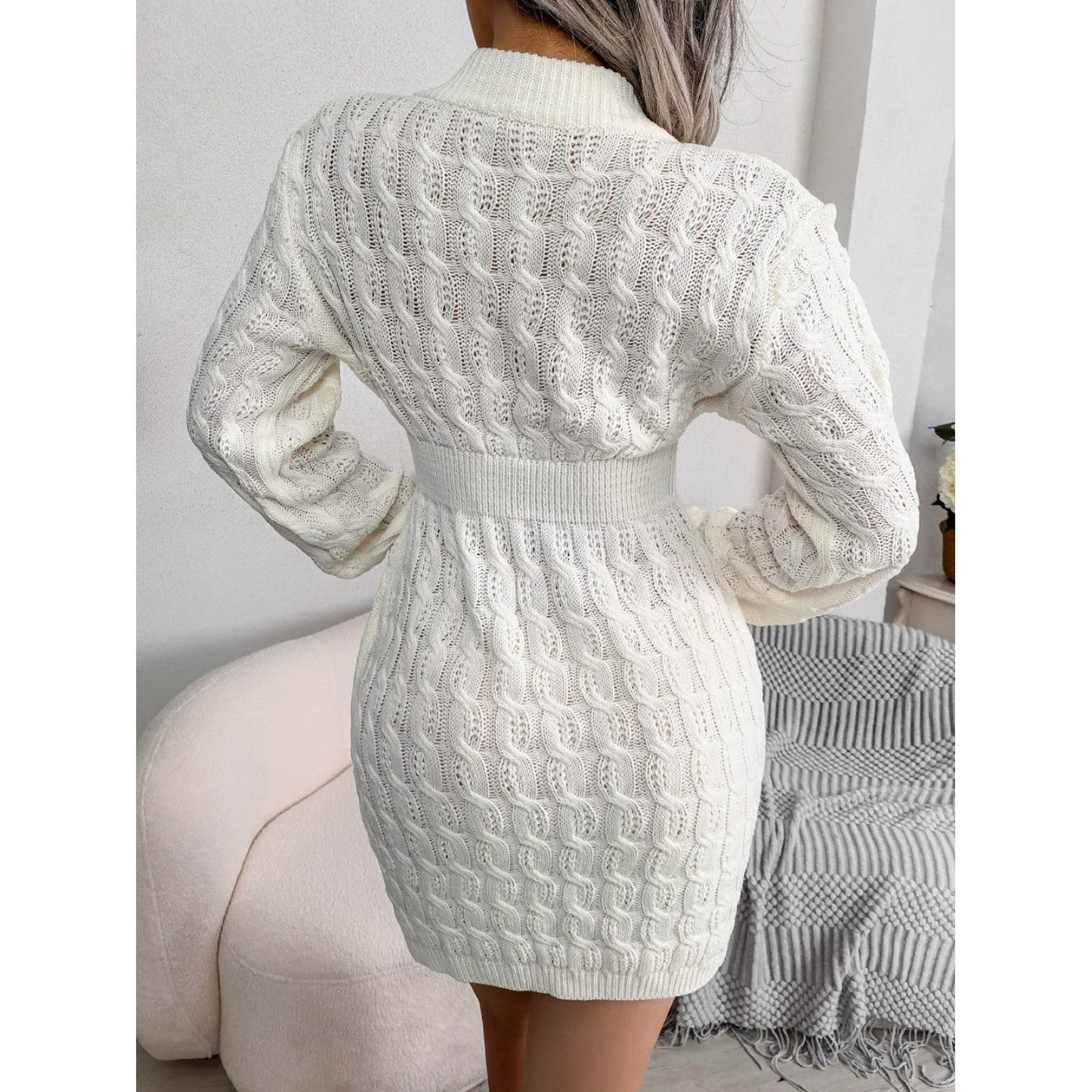 Cable-Knit Round Neck Mini Wrap Sweater Dress