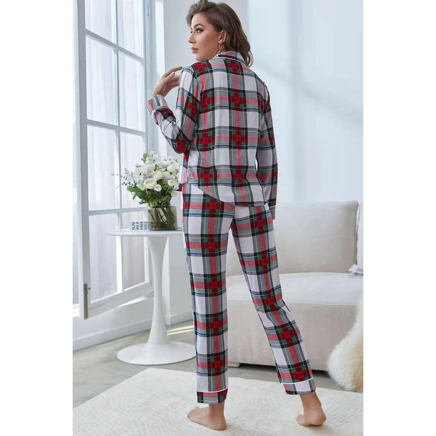 Plaid Button Front Top and Pants Lounge Set