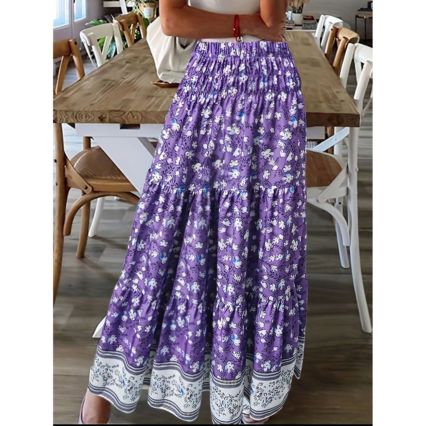 Full Size Tiered Printed Elastic Waist Skirt