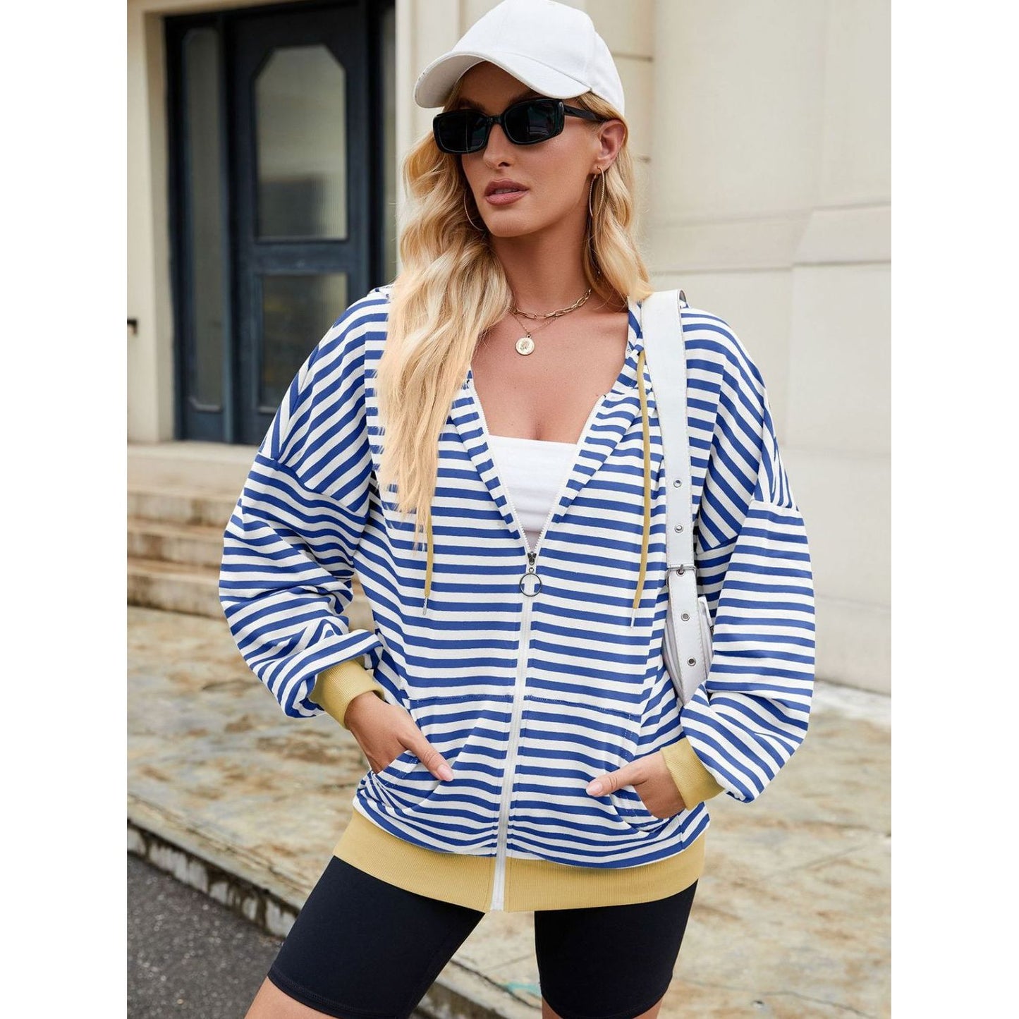 Drawstring Striped Zip Up Long Sleeve Hoodie