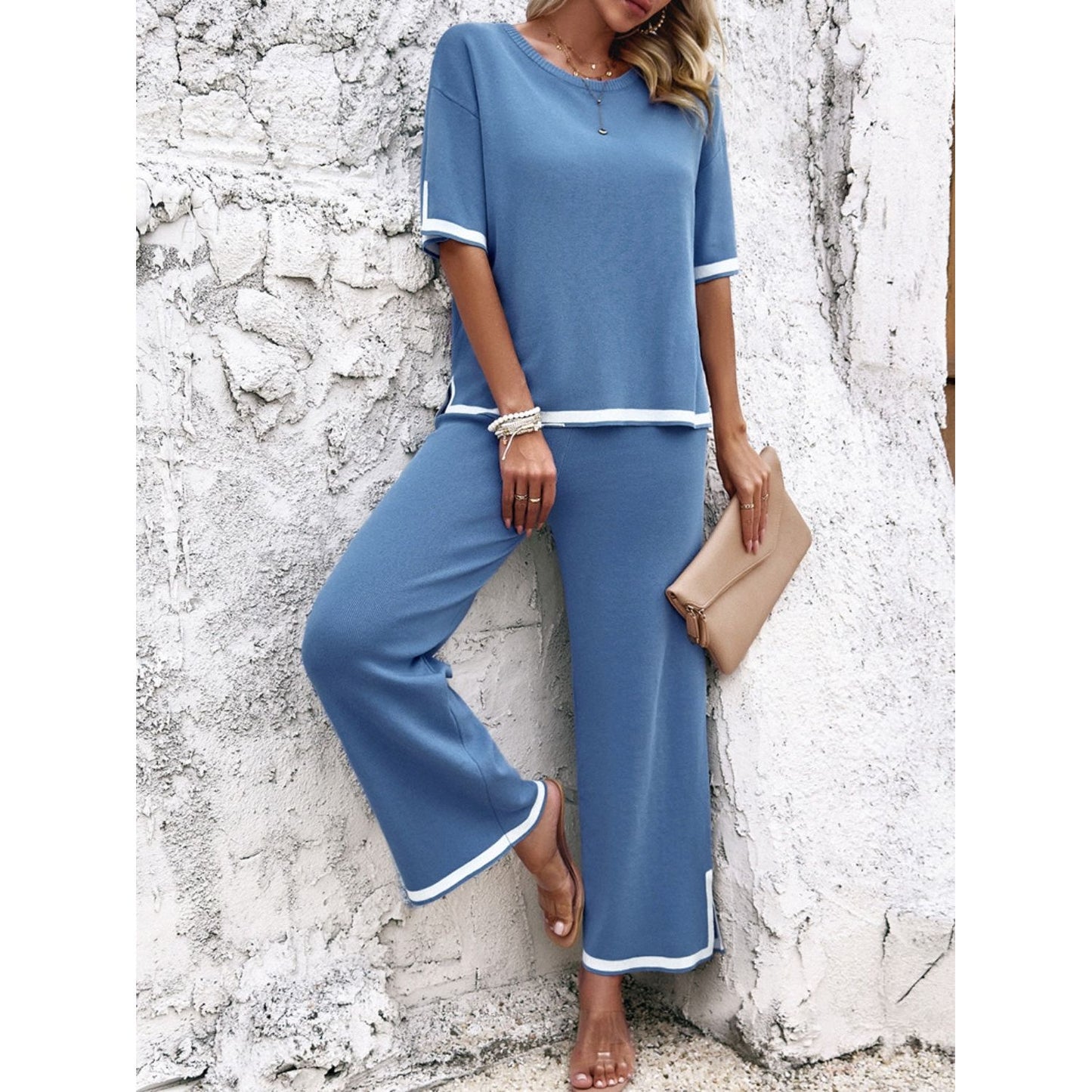 Contrast Trim Round Neck Top and Pants Set