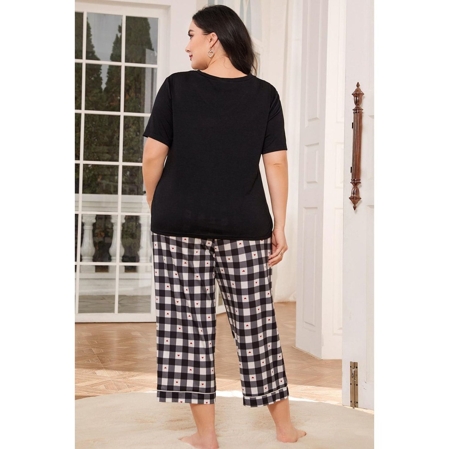 V-Neck Tee and Plaid Cropped Pants Lounge Set