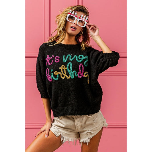 BiBi Metallic Letter Puff Sleeve Hairy Sweater