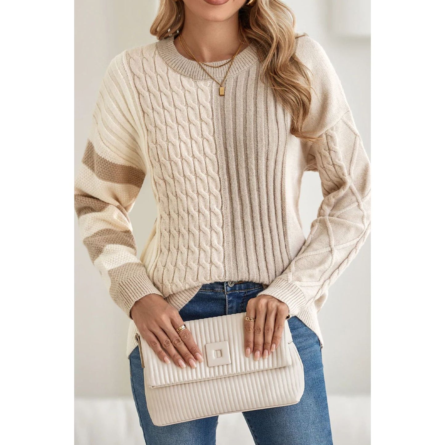 Cable-Knit Color Block Round Neck Sweater