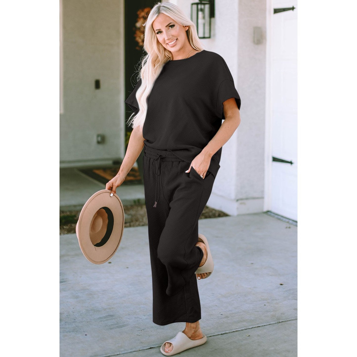 Double Take Full Size Texture Short Sleeve Top and Pants Set