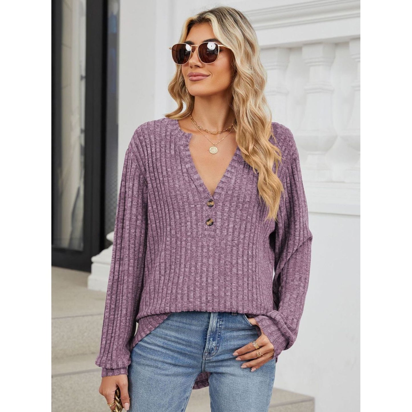 Ribbed Notched Long Sleeve T-Shirt