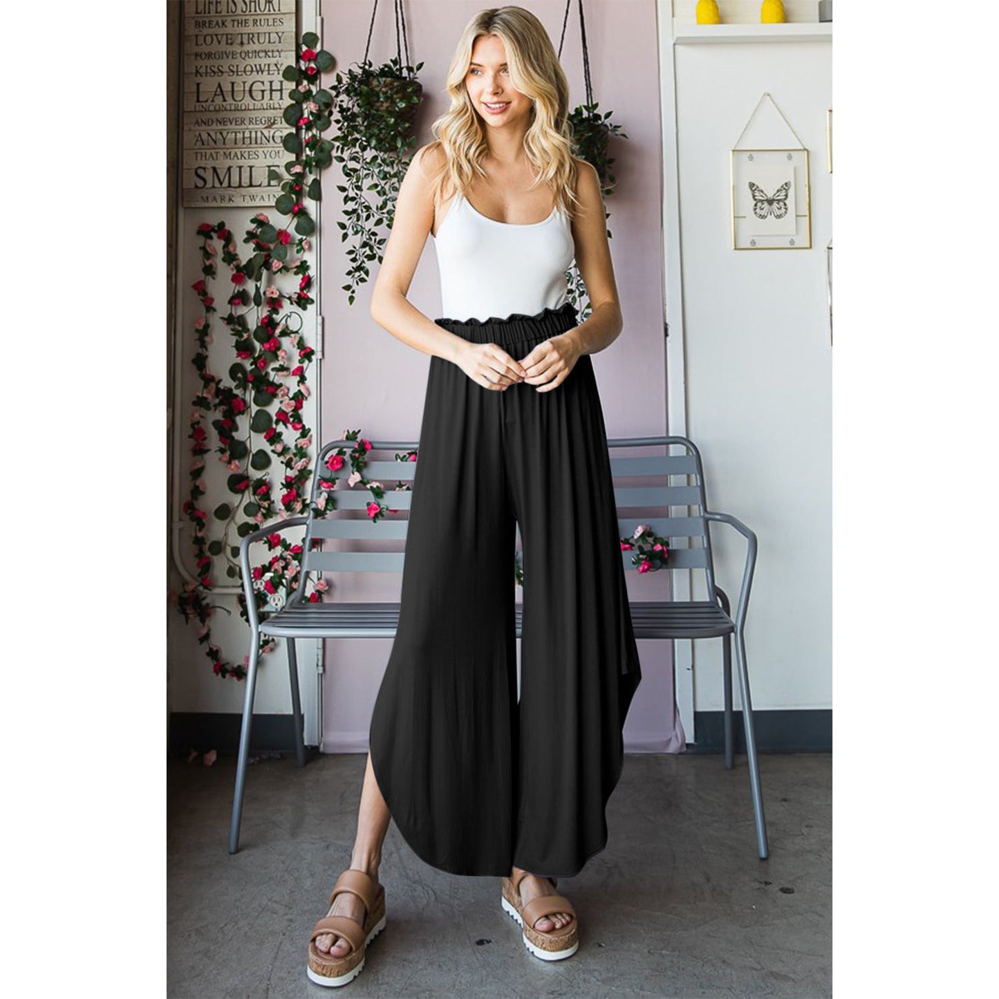 Heimish Full Size Frill Slit High Waist Wide Leg Pants