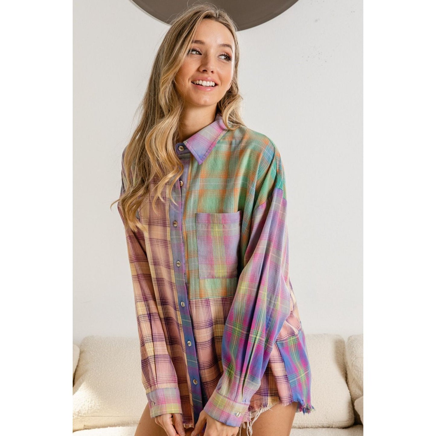 BiBi Plaid Color Block Button Up Shirt