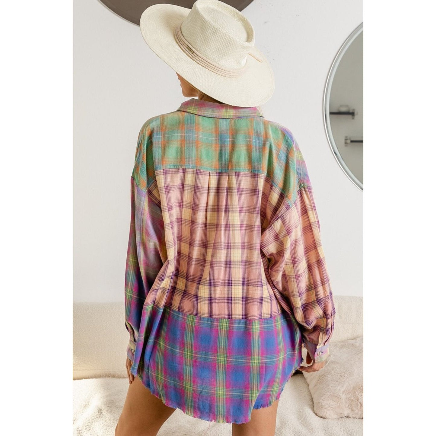 BiBi Plaid Color Block Button Up Shirt