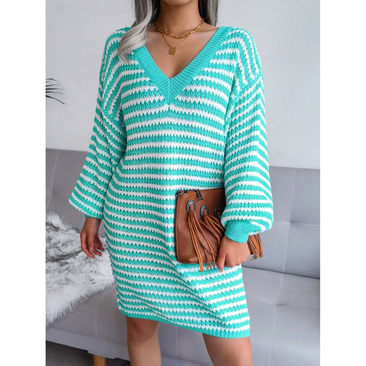 Striped V-Neck Long Sleeve Mini Sweater Dress