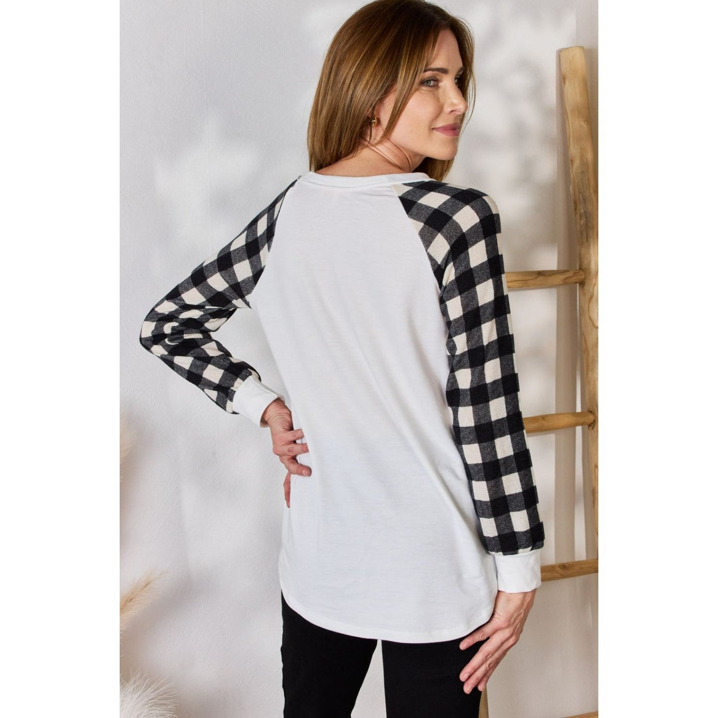 Hailey & Co Full Size Plaid Raglan Sleeve Round Neck Blouse